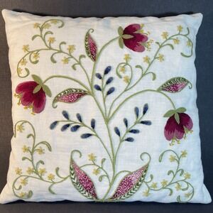 Embroidered Botanical Pillow Cream Linen Floral Cushion Lime Green Back 13.5x14"